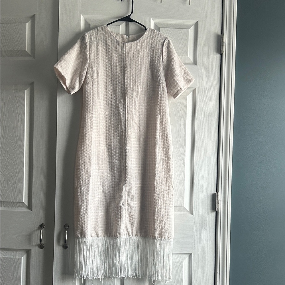 Elegant Cream Short Sleeve Dress with Fringe Hem